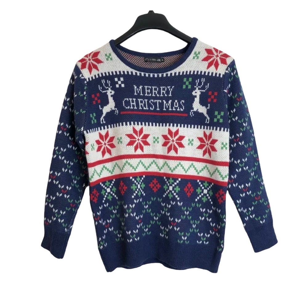 Christmas Ugly Sweater XL Crew Neck Merry Christmas Reindeer Poinsettia Unisex